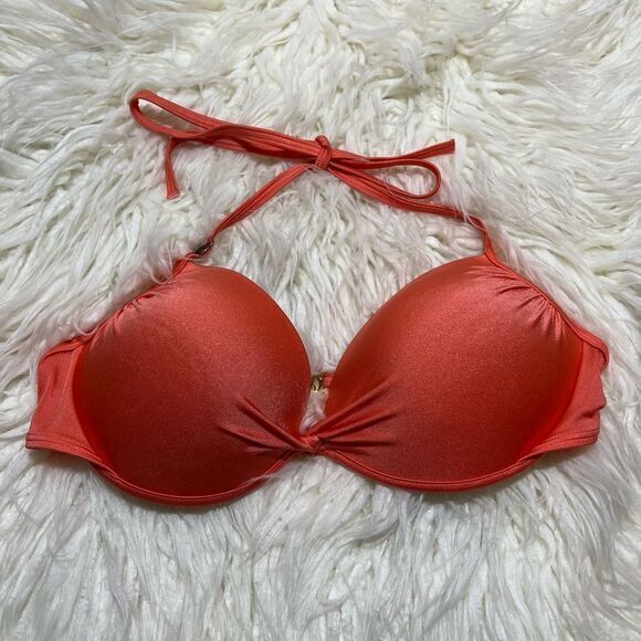 Victoria's Secret Salmon Wired Padded Twisted Halter Bikini Top Womens‎ Size 36D - Picture 1 of 4